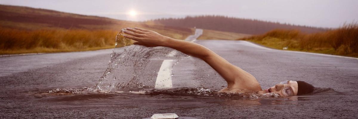 Schwimmer schwimmt von links über Asphaltstrasse